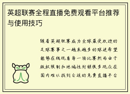 英超联赛全程直播免费观看平台推荐与使用技巧